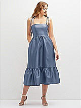 Front View Thumbnail - Larkspur Blue Shirred Ruffle Hem Midi Dress with Self-Tie Spaghetti Straps and Pockets