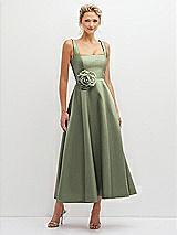 Front View Thumbnail - Sage Square Neck Satin Midi Dress with Full Skirt & Flower Sash