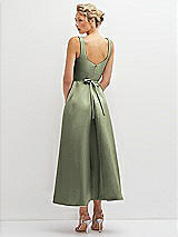 Rear View Thumbnail - Sage Square Neck Satin Midi Dress with Full Skirt & Flower Sash