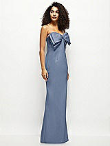 Side View Thumbnail - Larkspur Blue Strapless Satin Column Maxi Dress with Oversized Handcrafted Bow