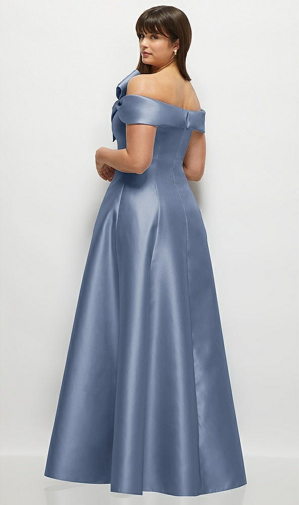 Back View - Larkspur Blue Asymmetrical Bow Off-Shoulder Satin Gown with Ballroom Skirt