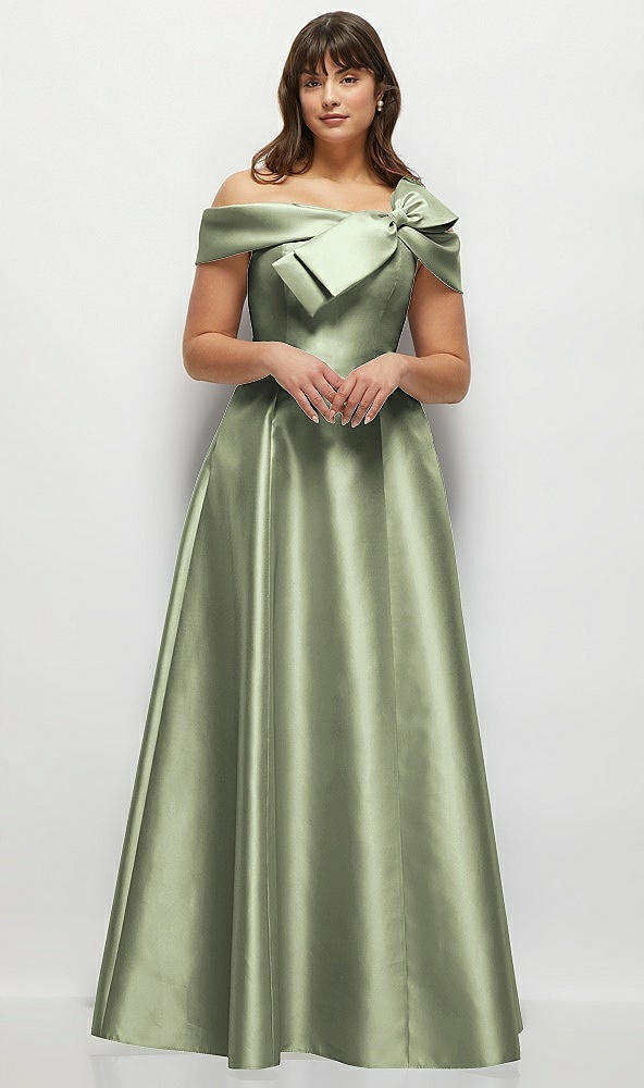 Front View - Sage Asymmetrical Bow Off-Shoulder Satin Gown with Ballroom Skirt