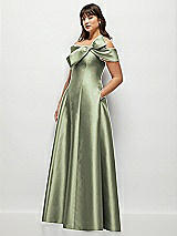 Side View Thumbnail - Sage Asymmetrical Bow Off-Shoulder Satin Gown with Ballroom Skirt