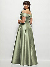 Rear View Thumbnail - Sage Asymmetrical Bow Off-Shoulder Satin Gown with Ballroom Skirt