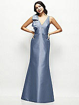 Front View Thumbnail - Larkspur Blue Deep V-back Satin Trumpet Dress with Cascading Bow at One Shoulder