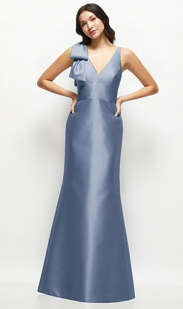 Front View - Larkspur Blue Deep V-back Satin Trumpet Dress with Cascading Bow at One Shoulder