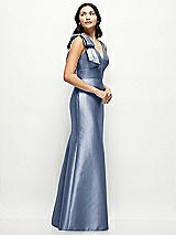 Side View Thumbnail - Larkspur Blue Deep V-back Satin Trumpet Dress with Cascading Bow at One Shoulder