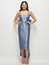 Front View Thumbnail - Larkspur Blue Scoop Neck Corset Satin Midi Dress with Floor-Length Bow Tails