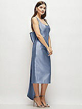 Side View Thumbnail - Larkspur Blue Scoop Neck Corset Satin Midi Dress with Floor-Length Bow Tails