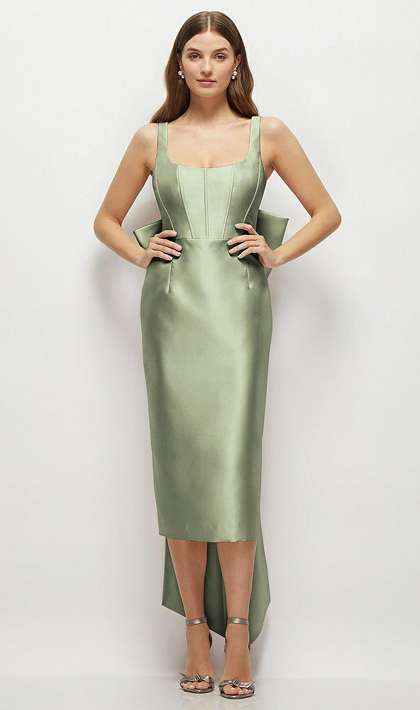 Front View - Sage Scoop Neck Corset Satin Midi Dress with Floor-Length Bow Tails