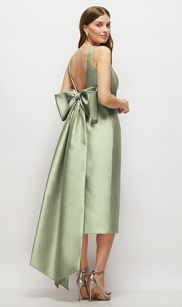 Back View - Sage Scoop Neck Corset Satin Midi Dress with Floor-Length Bow Tails