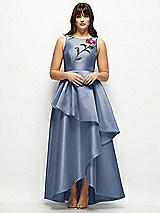 Side View Thumbnail - Larkspur Blue Beaded Floral Bodice Satin Maxi Dress with Layered Ballgown Skirt