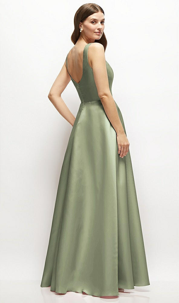 Back View - Sage Square-Neck Satin Maxi Dress with Full Skirt