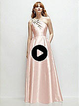 Video 1 Thumbnail - Larkspur Blue One-Shoulder Full A-Line Satin Gown with Handworked Floral Appliqué