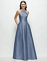 Front View Thumbnail - Larkspur Blue Jewel Neck Halter Full A-Line Satin Maxi Dress