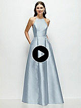 Video 1 Thumbnail - Larkspur Blue Jewel Neck Halter Full A-Line Satin Maxi Dress