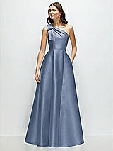 Front View Thumbnail - Larkspur Blue Bow One-Shoulder Full A-Line Satin Maxi Dress