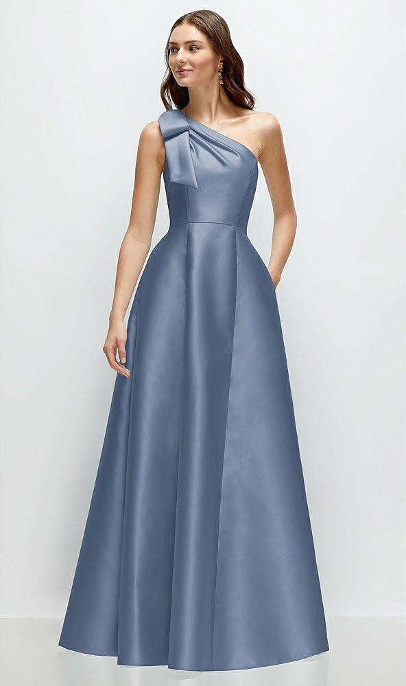 Front View - Larkspur Blue Bow One-Shoulder Full A-Line Satin Maxi Dress