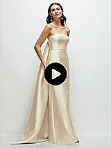 Video 1 Thumbnail - Larkspur Blue Strapless Satin Column Dress with Removeable Watteau Train