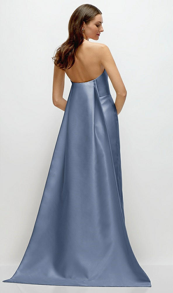 Back View - Larkspur Blue Strapless Satin Column Dress with Removeable Watteau Train