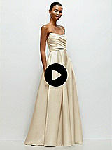 Video 1 Thumbnail - Larkspur Blue Strapless Draped Cat-Eye Satin Maxi Dress with Full Skirt