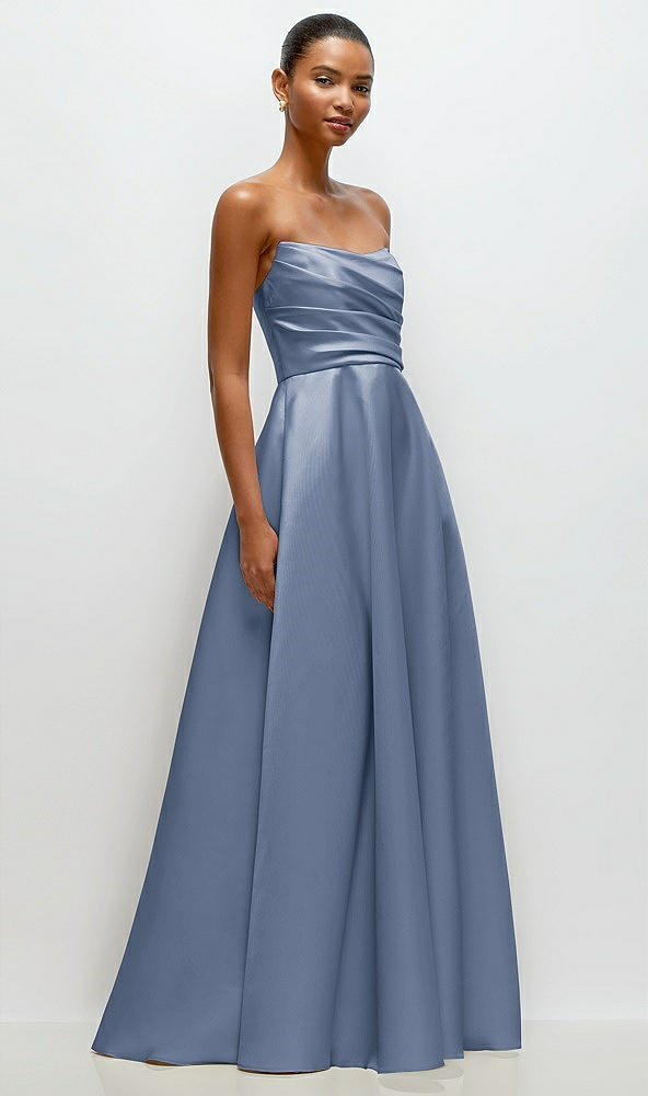 Front View - Larkspur Blue Strapless Draped Cat-Eye Satin Maxi Dress with Full Skirt