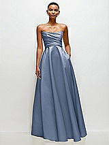 Side View Thumbnail - Larkspur Blue Strapless Draped Cat-Eye Satin Maxi Dress with Full Skirt