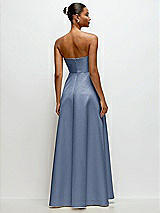 Rear View Thumbnail - Larkspur Blue Strapless Draped Cat-Eye Satin Maxi Dress with Full Skirt