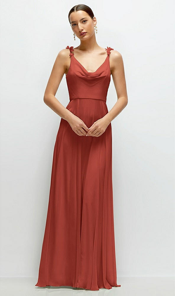 Front View - Amber Sunset Cowl Neck Chiffon Maxi Dress with Hand-Worked Petal Straps