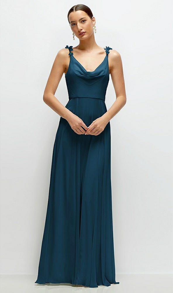 Front View - Atlantic Blue Cowl Neck Chiffon Maxi Dress with Hand-Worked Petal Straps