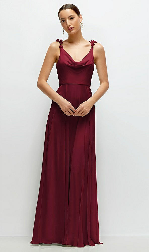 Front View - Burgundy Cowl Neck Chiffon Maxi Dress with Hand-Worked Petal Straps