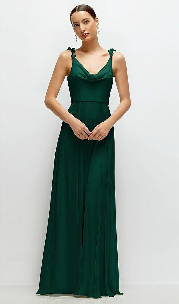 Front View - Hunter Green Cowl Neck Chiffon Maxi Dress with Hand-Worked Petal Straps