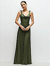 Front View Thumbnail - Olive Green Cowl Neck Chiffon Maxi Dress with Hand-Worked Petal Straps