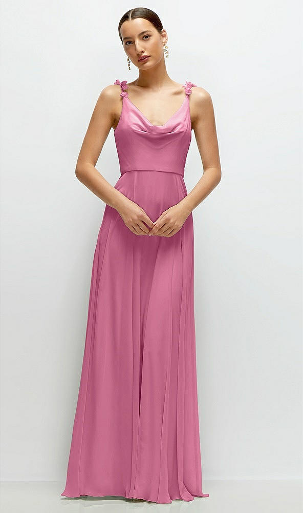 Front View - Orchid Pink Cowl Neck Chiffon Maxi Dress with Hand-Worked Petal Straps