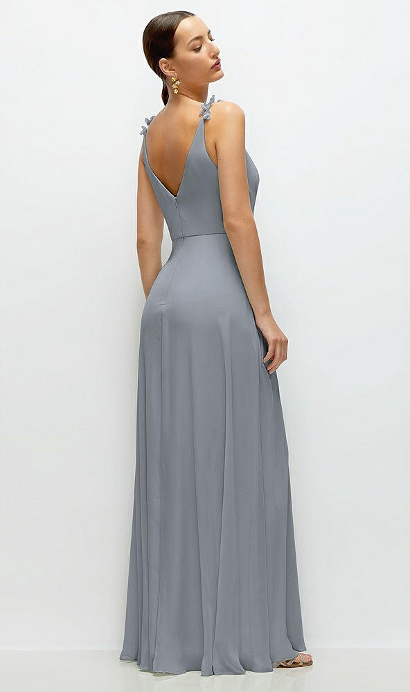 Back View - Platinum Cowl Neck Chiffon Maxi Dress with Hand-Worked Petal Straps