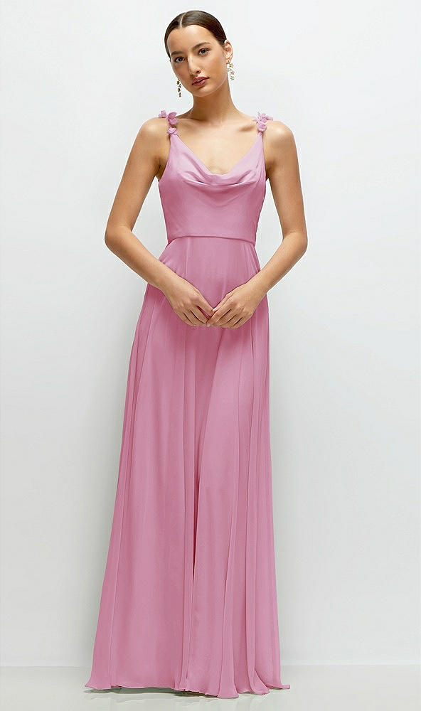 Front View - Powder Pink Cowl Neck Chiffon Maxi Dress with Hand-Worked Petal Straps