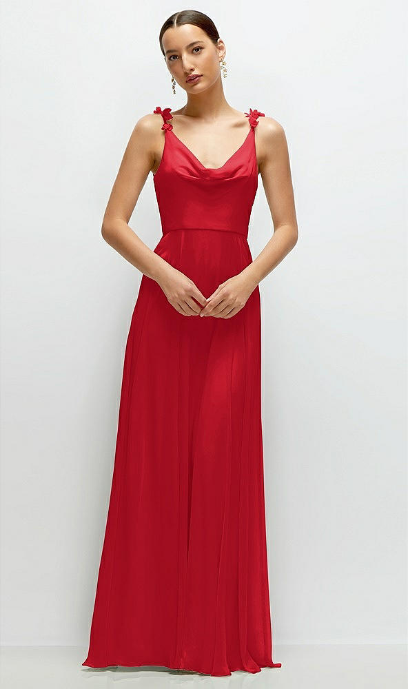 Front View - Parisian Red Cowl Neck Chiffon Maxi Dress with Hand-Worked Petal Straps