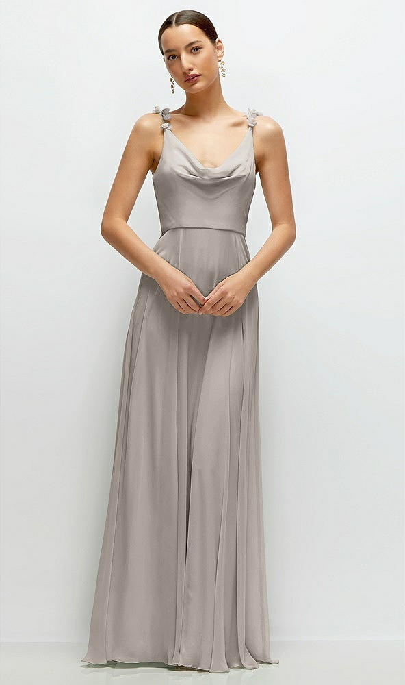 Front View - Taupe Cowl Neck Chiffon Maxi Dress with Hand-Worked Petal Straps