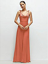 Front View Thumbnail - Terracotta Copper Cowl Neck Chiffon Maxi Dress with Hand-Worked Petal Straps