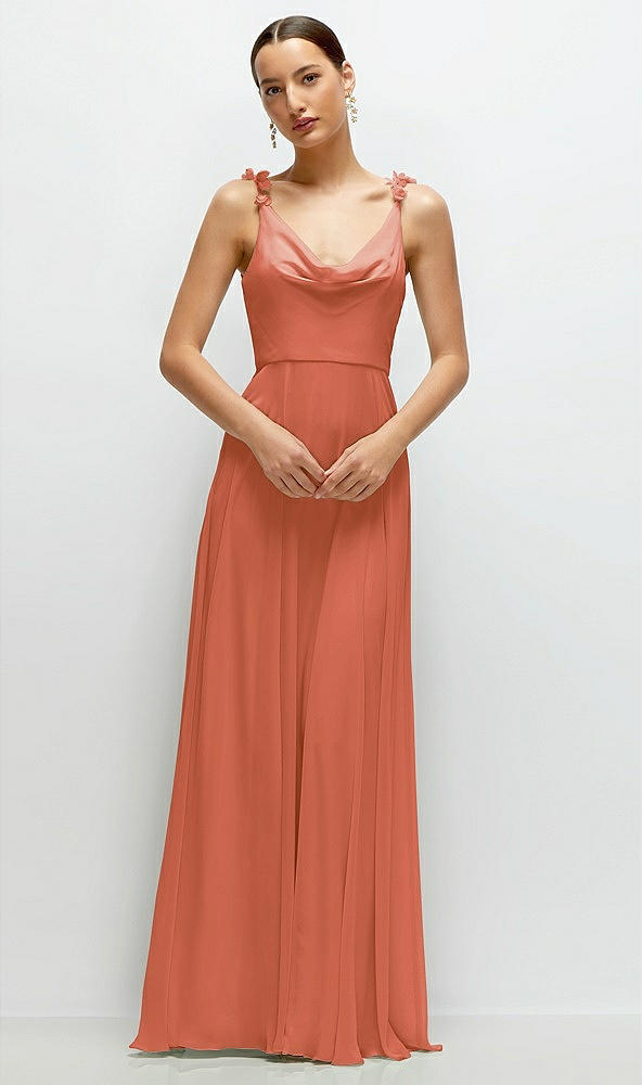 Front View - Terracotta Copper Cowl Neck Chiffon Maxi Dress with Hand-Worked Petal Straps