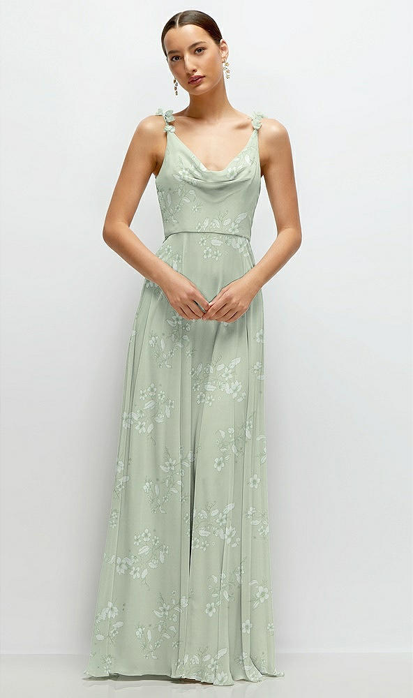 Front View - Vintage Primrose Sage Cowl Neck Chiffon Maxi Dress with Hand-Worked Petal Straps