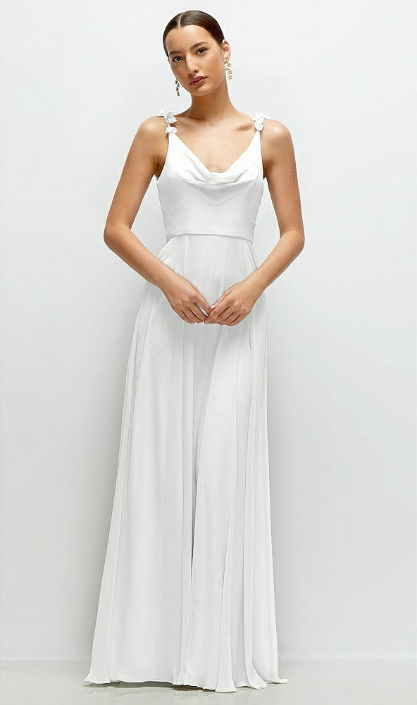 Front View - White Cowl Neck Chiffon Maxi Dress with Hand-Worked Petal Straps