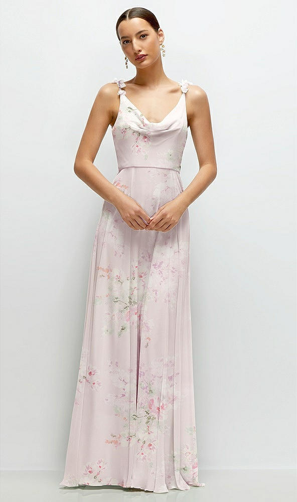 Front View - Watercolor Print Cowl Neck Chiffon Maxi Dress with Hand-Worked Petal Straps