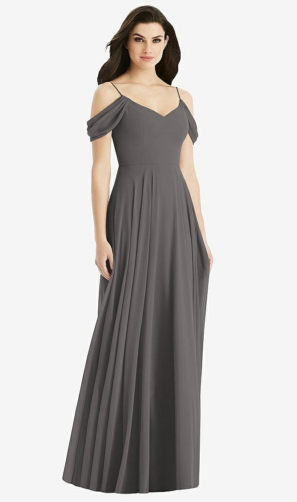 Back View - Caviar Gray Off-the-Shoulder Open Cowl-Back Maxi Dress