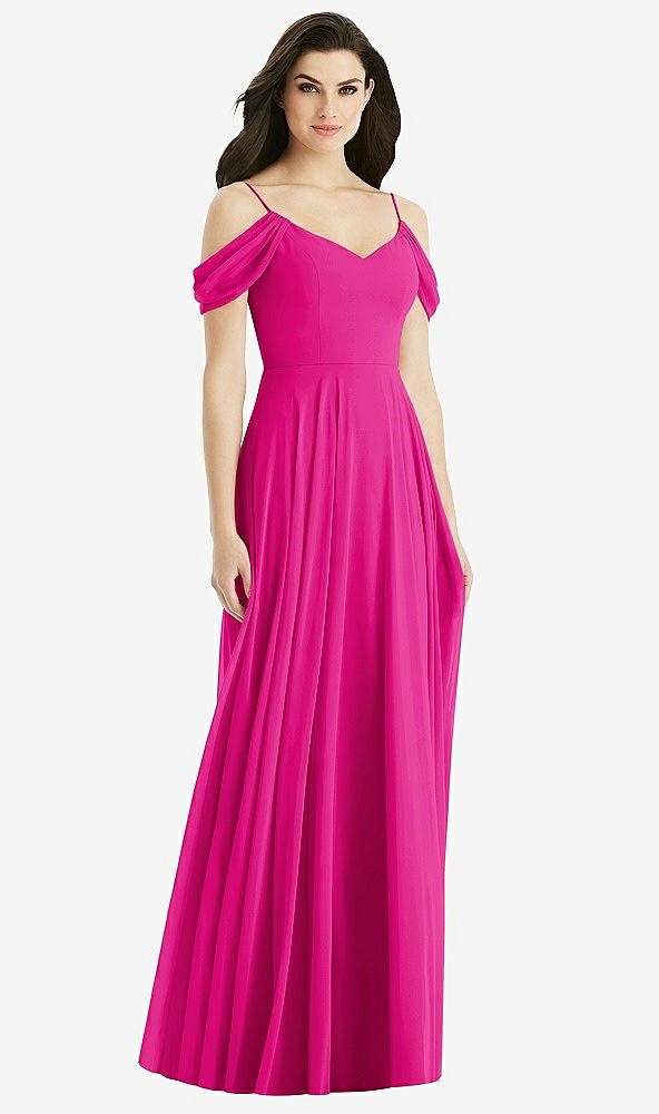 Back View - Think Pink Off-the-Shoulder Open Cowl-Back Maxi Dress