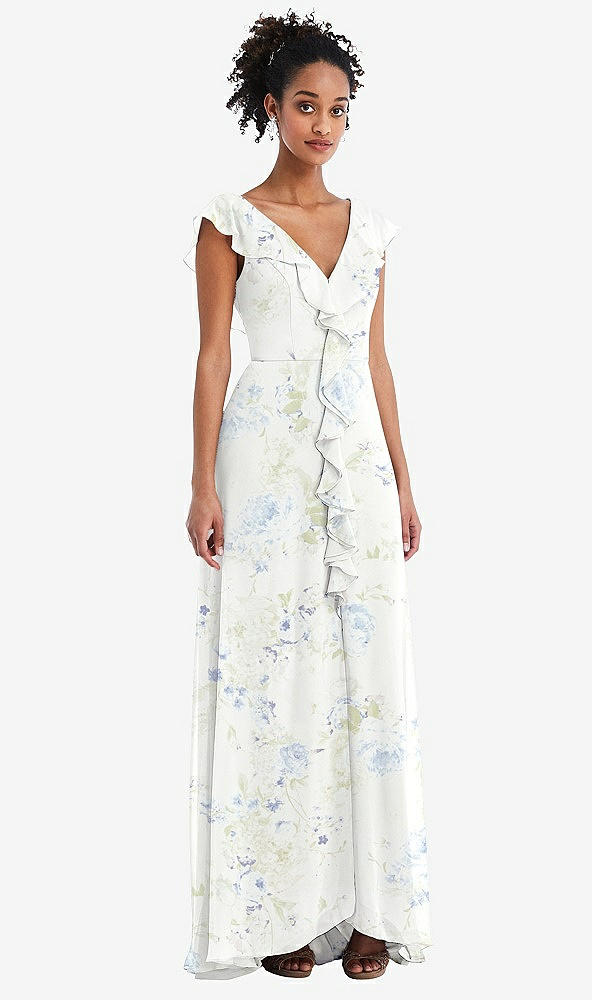 Front View - Bleu Garden Ruffle-Trimmed V-Back Chiffon Maxi Dress