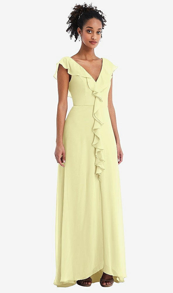 Front View - Butter Yellow Ruffle-Trimmed V-Back Chiffon Maxi Dress