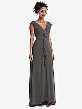 Front View Thumbnail - Caviar Gray Ruffle-Trimmed V-Back Chiffon Maxi Dress