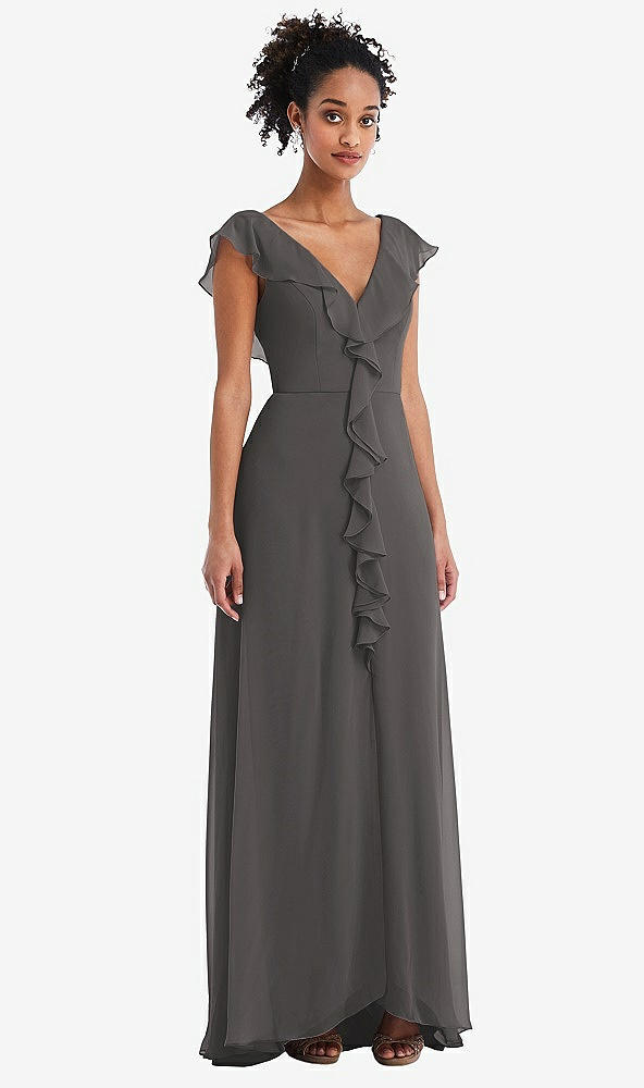 Front View - Caviar Gray Ruffle-Trimmed V-Back Chiffon Maxi Dress