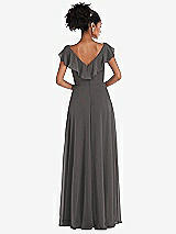 Rear View Thumbnail - Caviar Gray Ruffle-Trimmed V-Back Chiffon Maxi Dress